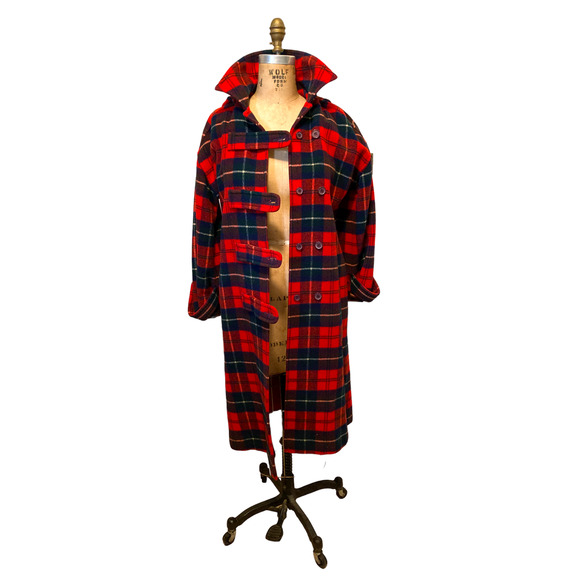 THE SYLVIA: Vintage 60s Pendleton Red Plaid Tartan Wool Hooded Duffle Coat - Picture 3 of 10